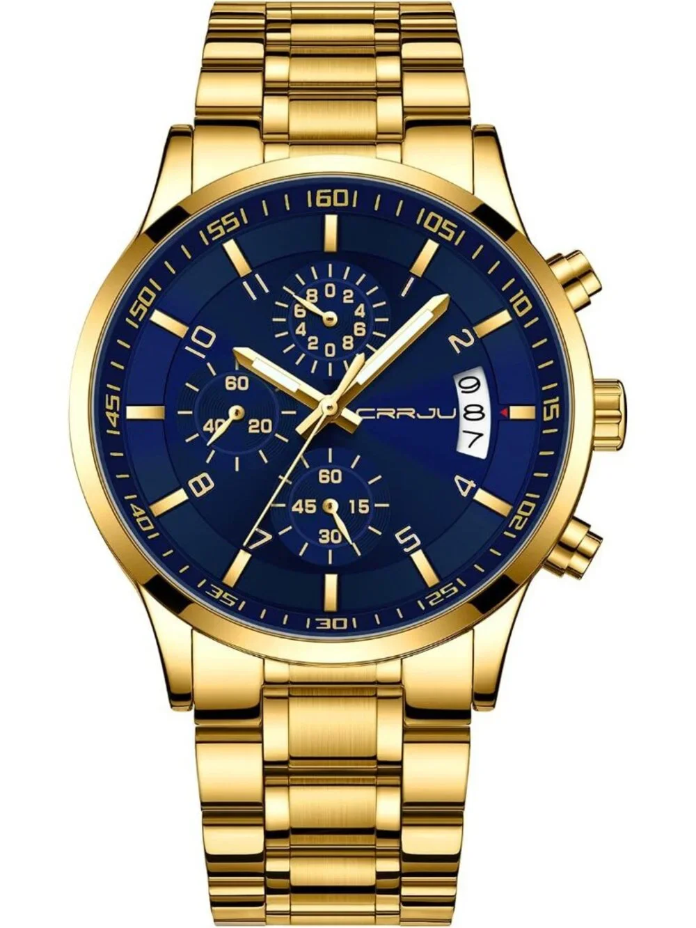 Men's Gold And Blue Analog Stainless Steel Waterproof Chronograph Wrist Watch
